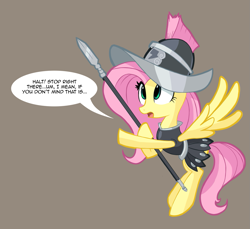 Size: 1149x1051 | Tagged: safe, artist:ric-m, fluttershy, private pansy, pegasus, pony, hearth's warming eve (episode), clothes, dialogue, gray background, helmet, if that's okay with you, simple background, solo, spear, speech bubble