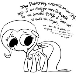 Size: 660x636 | Tagged: safe, artist:php27, fluttershy, pegasus, pony, black and white, dialogue, female, floppy ears, grayscale, looking away, mare, monochrome, solo, standing, stereotype, wings