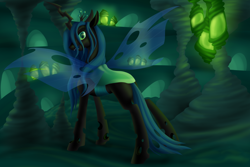 Size: 1600x1067 | Tagged: safe, artist:mythpony, queen chrysalis, changeling, changeling queen, changeling hive, cocoon, fangs, female, looking at you, looking back, looking back at you, slit eyes, solo, standing