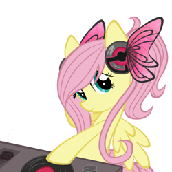 Size: 550x550 | Tagged: safe, artist:oathkeeper21, fluttershy, pegasus, pony, alternate hairstyle, cute, disc jockey, headphones, solo, turntable