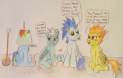 Size: 1238x783 | Tagged: safe, artist:rapidsnap, derpibooru import, fleetfoot, rainbow dash, soarin', spitfire, pegasus, pony, annoyed, bemused, chatting, female, hat, hiding, lamp, lampshade, lampshade hat, male, mare, stallion, talking, traditional art, wonderbolts