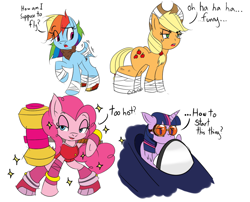 Size: 1024x829 | Tagged: safe, artist:flam3zero, derpibooru import, pinkie pie, rainbow dash, twilight sparkle, twilight sparkle (alicorn), alicorn, earth pony, pony, cosplay, crossover, female, goggles, grammar error, hammer, mare, parody, sonic boom, sonic the hedgehog (series), sports tape