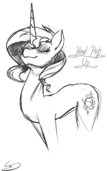 Size: 646x1035 | Tagged: safe, artist:thealmightydove, sunset shimmer, pony, unicorn, eyes closed, monochrome, sketch, solo