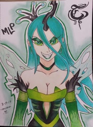 Size: 960x1302 | Tagged: safe, artist:emichaca, queen chrysalis, human, clothes, dress, grin, horned humanization, humanized, smiling, solo, winged humanization, wings