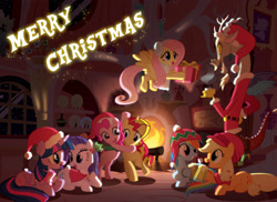 Size: 2628x1915 | Tagged: safe, artist:light262, applejack, discord, fluttershy, pinkie pie, rainbow dash, rarity, sunset shimmer, twilight sparkle, twilight sparkle (alicorn), alicorn, earth pony, pegasus, pony, unicorn, alternate mane seven, cape, christmas, cider, clothes, earmuffs, female, fire, flying, golden oaks library, hat, holly, hug, mane six, mare, present, santa hat, scarf, snow, snowfall, winter