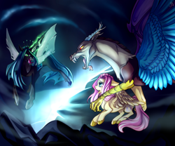 Size: 3000x2500 | Tagged: safe, artist:juliagoldfox, discord, fluttershy, queen chrysalis, changeling, changeling queen, draconequus, pegasus, pony, confrontation, floppy ears, magic, open mouth, protecting, scared, unshorn fetlocks, yanderecord