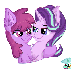 Size: 900x876 | Tagged: safe, artist:falldust, berry punch, berryshine, lyra heartstrings, starlight glimmer, pony, unicorn, chest fluff, ear fluff, female, glimmerberry, hug, lesbian, lidded eyes, looking at each other, open mouth, shipper on deck, shipping, simple background, smiling, white background