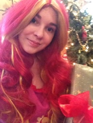 Size: 540x720 | Tagged: safe, artist:lochlan o'neil, sunset shimmer, human, christmas, clothes, cosplay, irl, irl human, pajamas, photo