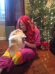 Size: 600x800 | Tagged: safe, artist:lochlan o'neil, sunset shimmer, dog, human, pomeranian, christmas, clothes, cosplay, irl, irl human, pajamas, photo