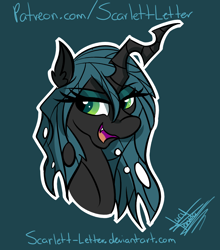 Size: 1984x2258 | Tagged: safe, artist:scarlett-letter, queen chrysalis, changeling, changeling queen, bust, open mouth, portrait, simple background, smiling, solo