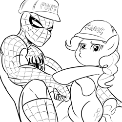 Size: 945x945 | Tagged: safe, artist:megasweet, pinkie pie, human, pony, bipedal, crossover, duo, hat, monochrome, spider-man, swag