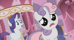 Size: 852x464 | Tagged: safe, screencap, rarity, sweetie belle, pony, unicorn, sleepless in ponyville, dilated pupils, duo, hub logo, open mouth