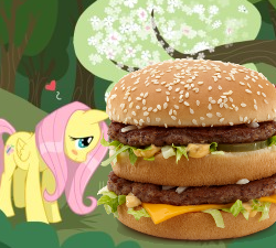 Size: 250x225 | Tagged: safe, fluttershy, pegasus, pony, big mac (burger), female, fluttermac, heart, implied big macintosh, male, mcdonald's, pun, shipping, solo, straight