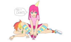 Size: 900x538 | Tagged: safe, artist:moe-kawaii-sunshine, derpibooru import, pinkie pie, rainbow dash, human, party of one, clothes, cutie mark underwear, hat, humanized, light skin, panties, party hat, pinkamena diane pie, scene interpretation, skirt, underwear, upskirt, white underwear