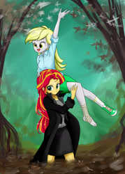 Size: 1080x1512 | Tagged: safe, artist:twilite-sparkleplz, derpy hooves, sunset shimmer, equestria girls, bandage, carrying, clothes, feet, injured, skirt, swamp