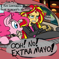 Size: 800x800 | Tagged: safe, artist:eduardo-rivera, artist:reiduran, pinkie pie, sunset shimmer, earth pony, pony, equestria girls, car, fast food