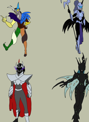 Size: 1696x2333 | Tagged: safe, artist:darthcraftus, discord, king sombra, nightmare moon, queen chrysalis, anthro, changeling, changeling queen, unicorn, kaijin, kaijufied, tokusatsu