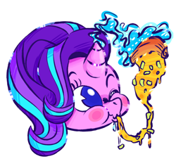 Size: 850x802 | Tagged: dead source, safe, artist:burrburro, starlight glimmer, pony, unicorn, bust, disembodied head, female, food, full mouth, head, magic, mare, no pupils, one eye closed, pineapple pizza, pizza, portrait, simple background, solo, telekinesis, that pony sure does love pineapple pizza, white background