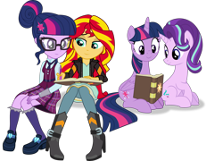 Size: 4166x3000 | Tagged: safe, artist:ruinedomega, sci-twi, starlight glimmer, sunset shimmer, twilight sparkle, twilight sparkle (alicorn), alicorn, equestria girls, book, book phone, counterparts, group, inkscape, magical trio, ponyscape, simple background, sitting, transparent background, twilight's counterparts, vector, writing
