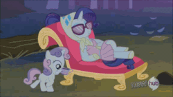 Size: 576x324 | Tagged: safe, rarity, sweetie belle, pony, unicorn, sleepless in ponyville, animated, camping outfit, glasses, hub logo