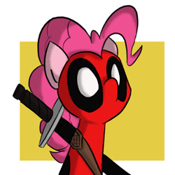 Size: 900x900 | Tagged: safe, artist:eliwood10, pinkie pie, earth pony, pony, crossover, deadpool, pinkiepool, sword