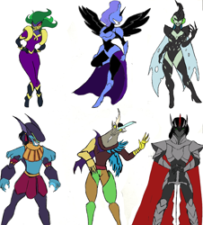 Size: 1084x1200 | Tagged: safe, artist:darthcraftus, ahuizotl, discord, king sombra, mane-iac, nightmare moon, queen chrysalis, anthro, changeling, changeling queen, unicorn, armor, sword, weapon