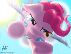 Size: 900x692 | Tagged: safe, artist:kittyhawk-contrail, pinkie pie, earth pony, pony, female, flying, mare, pink coat, pink mane, wonderbolt trainee uniform