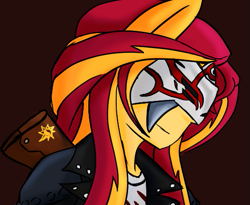 Size: 535x439 | Tagged: safe, sunset shimmer, adam taurus, antagonist, crossover, faunus, fimfiction avatar, grimm mask, mask, personalized weapon, rwby, white fang