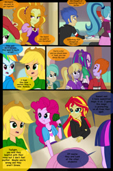 Size: 900x1360 | Tagged: safe, artist:jacky-bunny, adagio dazzle, applejack, aria blaze, cloudy kicks, drama letter, fluttershy, heath burns, pinkie pie, rainbow dash, rarity, sonata dusk, sunset shimmer, tennis match, twilight sparkle, twilight sparkle (alicorn), watermelody, alicorn, equestria girls, rainbow rocks, background human, comic, magic of the sirens, mane six, pendant, singing, the dazzlings