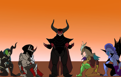 Size: 1579x1011 | Tagged: safe, artist:darthcraftus, discord, king sombra, lord tirek, nightmare moon, queen chrysalis, anthro, human, unicorn, armor, humanized, kneeling, tokusatsu