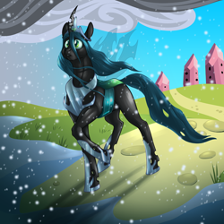 Size: 1000x1000 | Tagged: safe, artist:foxenawolf, queen chrysalis, changeling, changeling queen, fanfic:quantum gallop, armor, crown, crystal empire, fanfic art, jewelry, regalia, snow, solo