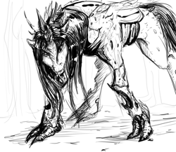 Size: 1154x1000 | Tagged: safe, artist:testostepone, queen chrysalis, changeling, changeling queen, monochrome, sketch, solo