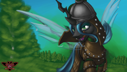 Size: 3840x2160 | Tagged: safe, artist:tsaritsaluna, queen chrysalis, changeling, changeling queen, armor, army, clothes, forest, horde, licking, licking lips, mongol, tongue out