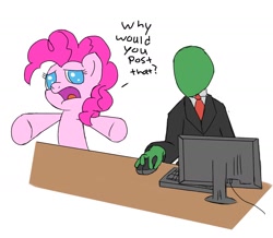 Size: 1416x1234 | Tagged: safe, pinkie pie, oc, oc:anon, earth pony, pony, computer, female, mare, pink coat, pink mane