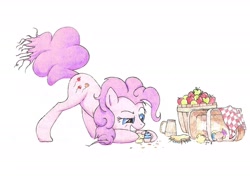 Size: 2156x1562 | Tagged: safe, artist:philo5, part of a set, pinkie pie, earth pony, pony, apple, basket, crazy grin, cupcake, female, food, hungry, implied thievery, leaning forward, mare, messy mane, muffin, picnic basket, raised eyebrow, sandwich, sin of gluttony, traditional art