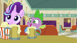 Size: 1281x720 | Tagged: safe, spike, starlight glimmer, dragon, pony, unicorn, the saddle row review, cider, cider mug, cupcake, diner, duo, food, gem cake, interview, mug, popcorn, smiling