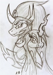 Size: 1119x1583 | Tagged: safe, artist:rossmaniteanzu, king sombra, queen chrysalis, changeling, changeling queen, pony, unicorn, antagonist, chrysombra, female, male, monochrome, shipping, sketch, straight, traditional art