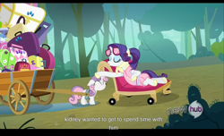 Size: 1680x1021 | Tagged: safe, screencap, rarity, sweetie belle, pony, unicorn, sleepless in ponyville, camping outfit, hub logo, kidney, youtube caption