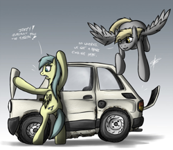 Size: 900x780 | Tagged: safe, artist:slawomiro, derpy hooves, sunshower raindrops, pegasus, pony, car, female, fiat 126p, mare