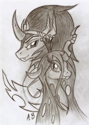 Size: 1184x1661 | Tagged: safe, artist:rossmaniteanzu, king sombra, queen chrysalis, changeling, changeling queen, pony, antagonist, chrysombra, couple, female, male, shipping, straight, traditional art