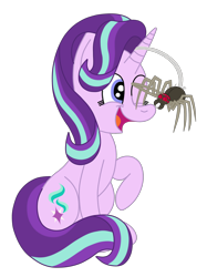 Size: 1936x2592 | Tagged: safe, artist:squipycheetah, starlight glimmer, pony, spider, unicorn, cute, duo, female, fuzzy legs, glimmerbetes, happy, mare, one eye closed, open mouth, raised hoof, salute, simple background, sitting, smiling, spiderbro, transparent background, vector, wink