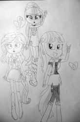 Size: 3007x4577 | Tagged: safe, artist:berrypunchrules, mystery mint, sonata dusk, sunset shimmer, equestria girls, rainbow rocks, background human, cutie mark, monochrome, ponied up, pony ears, sketch, traditional art