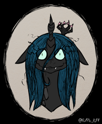 Size: 700x850 | Tagged: safe, artist:mixermike622, part of a set, queen chrysalis, changeling, changeling queen, bust, don't starve, fangs, floppy ears, looking at you, portrait, shrunken pupils, smiling, solo, style emulation, tim burton