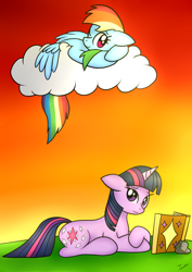 Size: 2480x3507 | Tagged: safe, artist:twidasher, derpibooru import, rainbow dash, twilight sparkle, pegasus, pony, book, cloud, female, gradient background, lesbian, rock, shipping, twidash