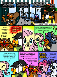 Size: 569x771 | Tagged: safe, artist:hirake! pony key, fluttershy, pinkie pie, rarity, bee, earth pony, pegasus, pony, rabbit, squirrel, unicorn, bert, breasts, cobblestone street, comic, cookie monster, costume, crossover, ernie, female, great tit, grover, my little pony meets sesame street, sesame street, tit (bird)