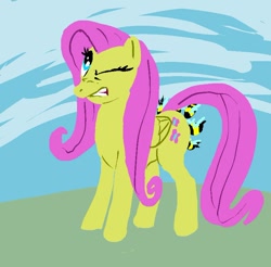 Size: 760x747 | Tagged: artist needed, safe, fluttershy, bee, pegasus, pony, bee sting, female, mare, one eye closed, pain