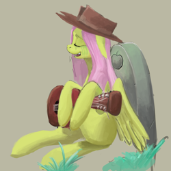 Size: 1659x1658 | Tagged: safe, fluttershy, pegasus, pony, applejack's hat, cowboy hat, crying, finished version, grave, guitar, hat, sad