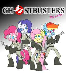 Size: 1336x1531 | Tagged: safe, artist:newjm, derpibooru import, fluttershy, pinkie pie, rainbow dash, rarity, earth pony, pegasus, pony, semi-anthro, unicorn, crossover, ghostbusters, parody