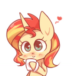 Size: 1200x1280 | Tagged: safe, artist:joycall6, sunset shimmer, pony, unicorn, blushing, cup, cute, female, heart, mare, shimmerbetes, solo