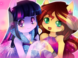 Size: 750x560 | Tagged: safe, artist:loyaldis, sunset shimmer, twilight sparkle, twilight sparkle (alicorn), alicorn, equestria girls, rainbow rocks, ponied up